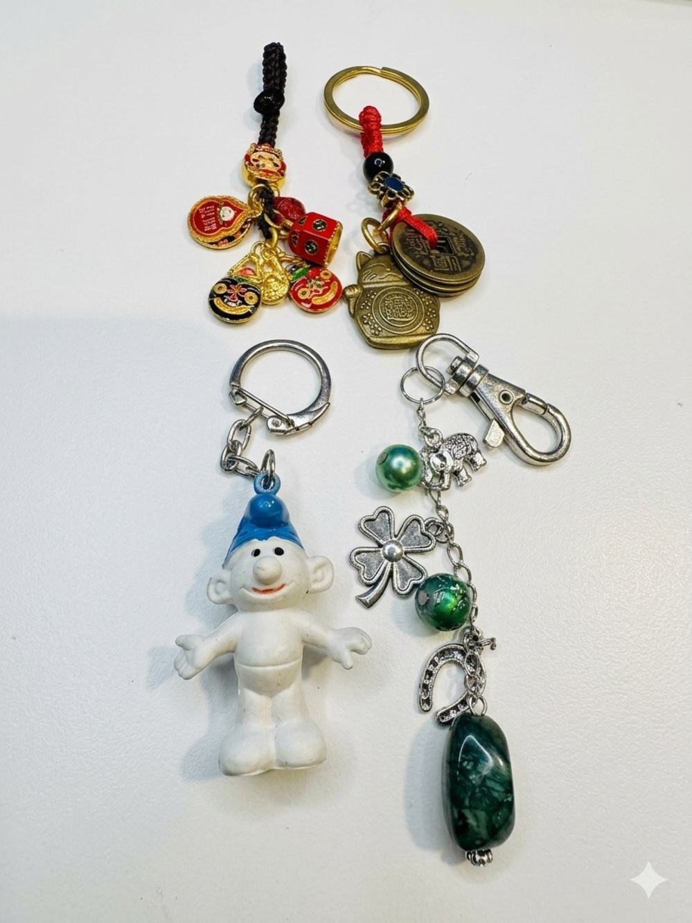 4 pieces Blue & White Smurf, lucky cat, clover Keychain Charm set  -